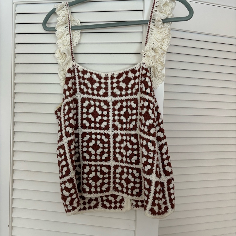 Marine Layer Brown and Cream Cora Crochet Tank Top